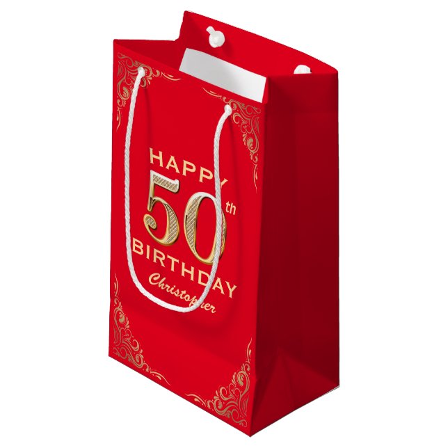50th Birthday Party Red and Gold Glitter Frame Small Gift Bag (Front Angled)