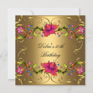 50th Birthday Party Red Black Gold Pink Flowers Invitation