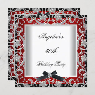 50th Birthday Party Red Black White Jewel Bow Invitation