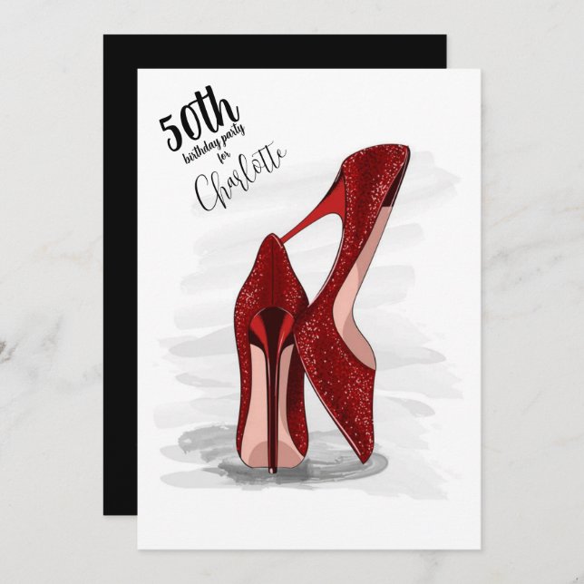 50th Birthday Party Red Glitter Stilettos  Invitation (Front/Back)