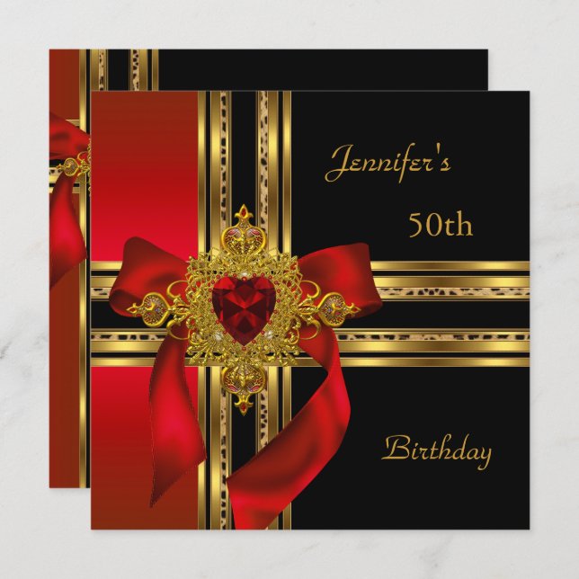 50th Birthday Party Red Gold Heart Jewel Invitation (Front/Back)
