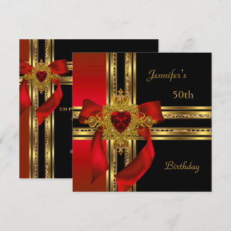 50th Birthday Party Red Gold Heart Jewel Invitation