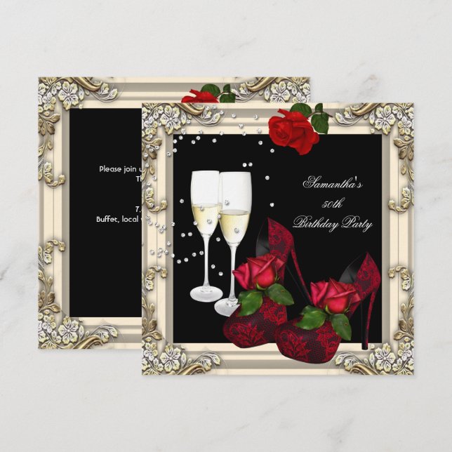 50th Birthday Party Red Rose Gold Champagne Invitation (Front/Back)