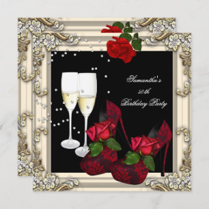 50th Birthday Party Red Rose Gold Champagne Invitation