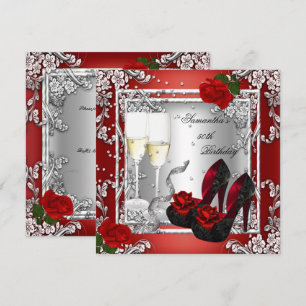 50th Birthday Party Red Rose Silver Invitation