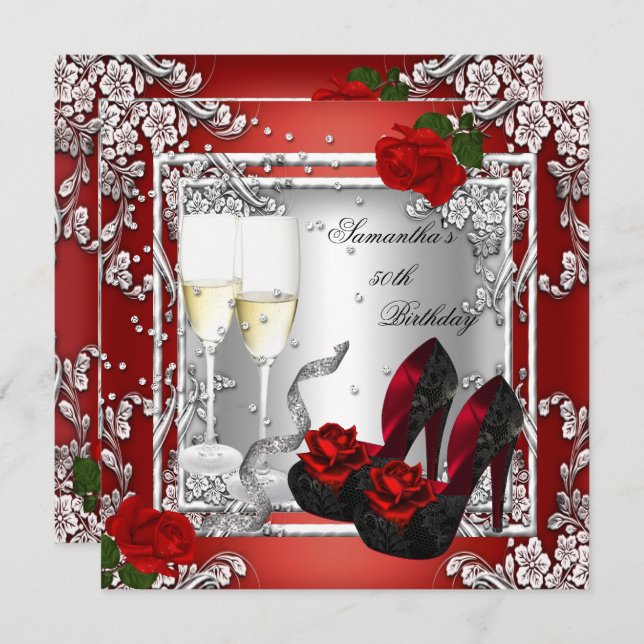 50th Birthday Party Red Rose Silver Invitation (Front/Back)