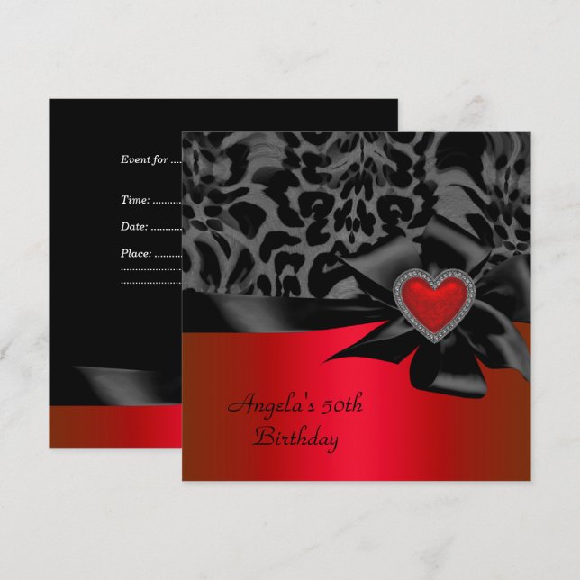 50th Birthday Party Red Silver Wild Black White Invitation (Front/Back)