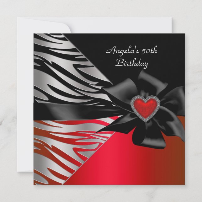 50th Birthday Party Red Silver Zebra Black White Invitation (Front)