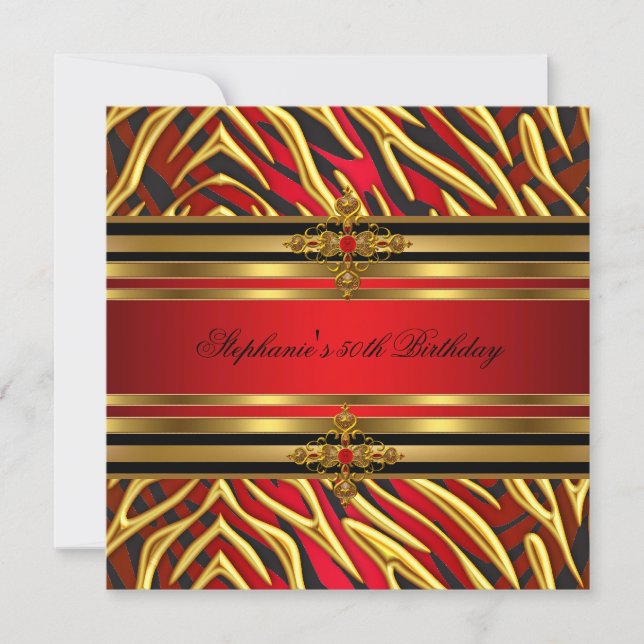 50th Birthday Party Red Zebra Gold Black Invitation (Front)