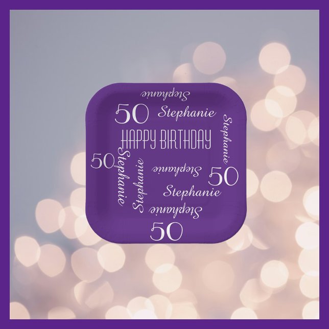 50th Birthday Party Repeating Name Square Purple Paper Plate (Creator Uploaded)