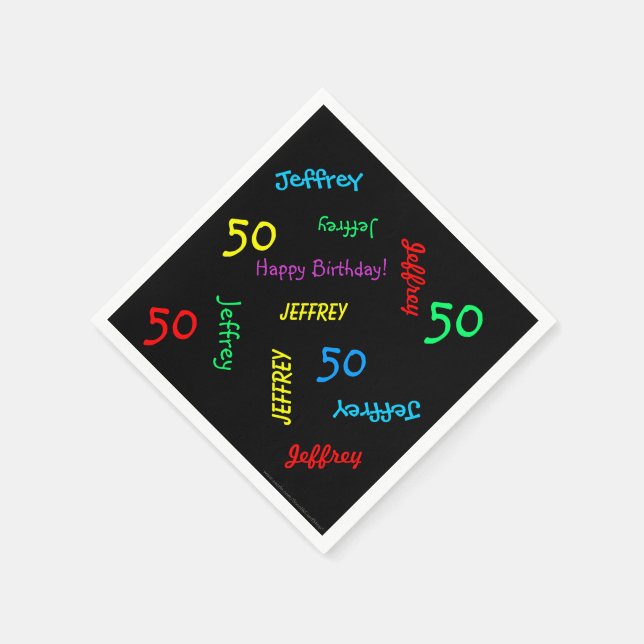 50th Birthday Party Repeating Names, Black Paper Napkin (Corner)
