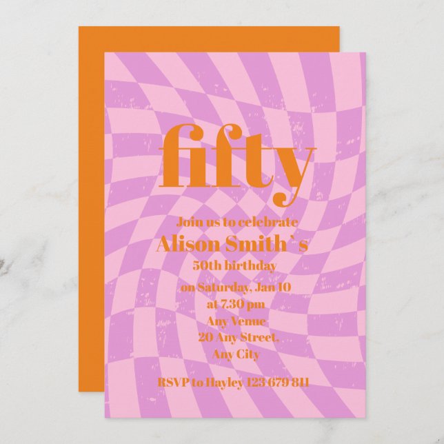 50th Birthday Party Retro Check Minimalist Invitation (Front/Back)