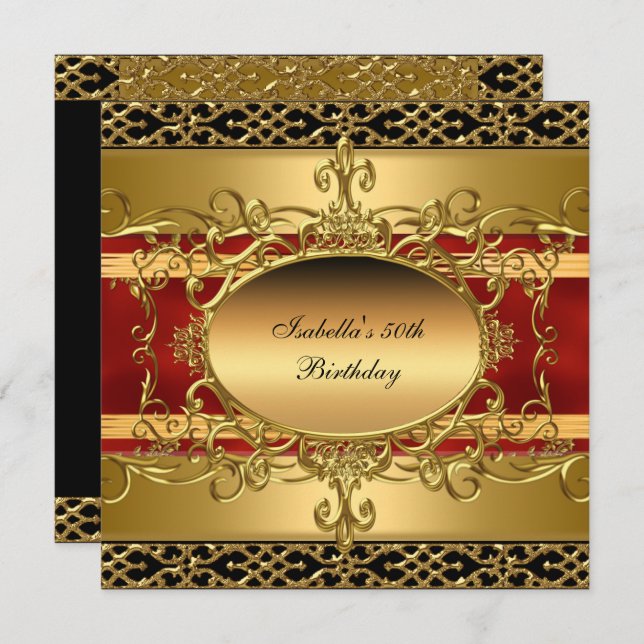 50th Birthday Party Rich Red Gold Flourish Invitation (Front/Back)