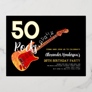 50th Birthday Party Rock and Roll Gold Foil Foil Invitation Postcard