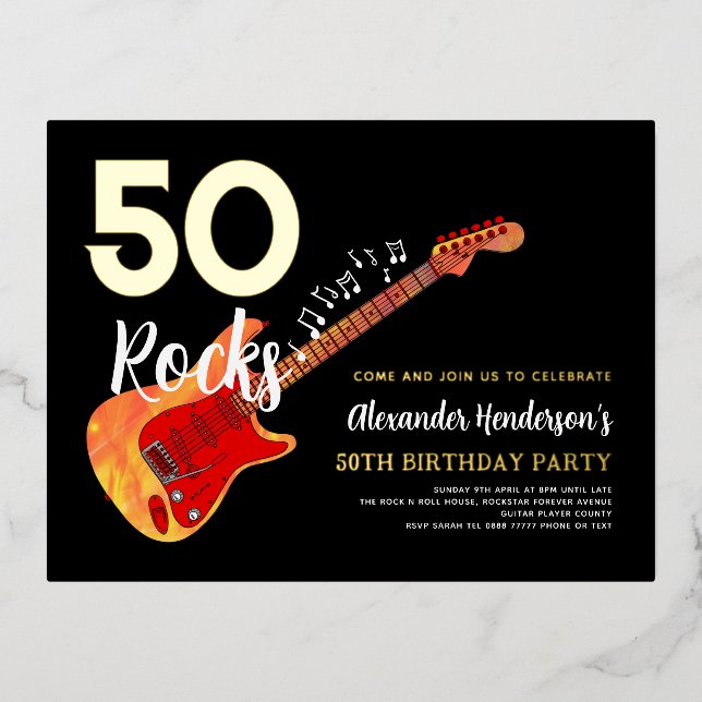 50th Birthday Party Rock and Roll Gold Foil Foil Invitation Postcard (Front)
