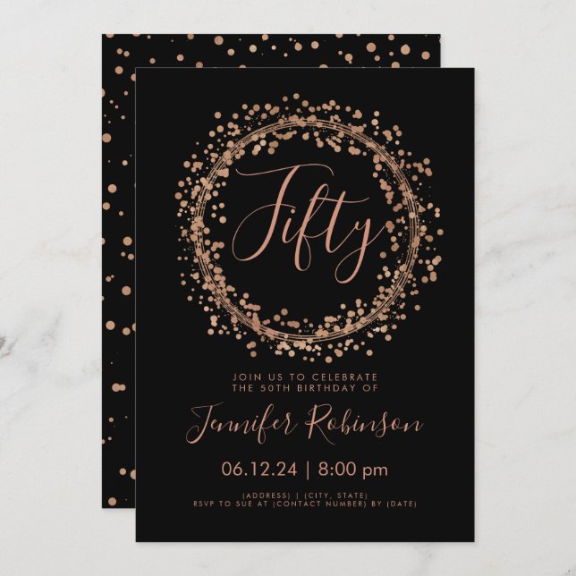 50th Birthday Party Rose Gold Black Confetti Invitation (Front/Back)