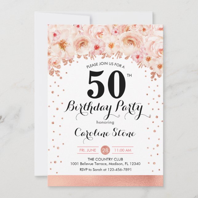50th Birthday Party - Rose Gold Flowers Invitation (Front)