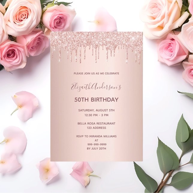 50th birthday party rose gold glitter drip invitation (Creator Uploaded)