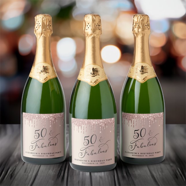 50th Birthday Party Rose Gold Glitter Sparkling Wine Label (Creator Uploaded)