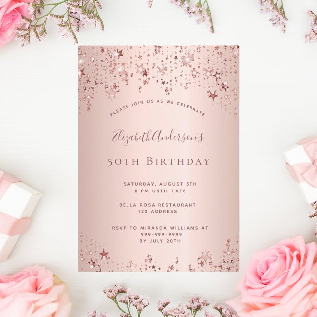 50th birthday party rose gold stars invitation (Creator Uploaded)