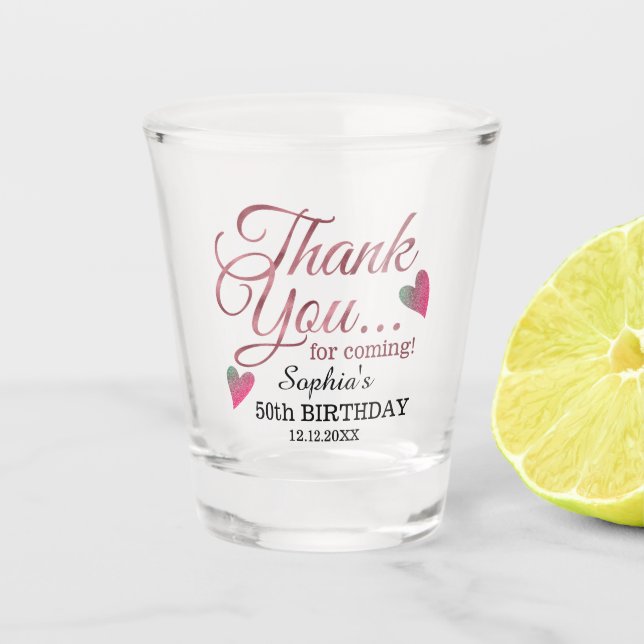  50th Birthday Party Rose Gold Thank You Favors Shot Glass (Front)