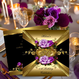 50th Birthday Party Roses Purple Gold Black Invitation