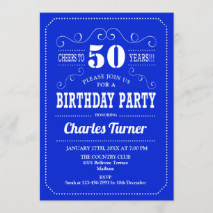 50th Birthday Party - Royal Blue White Invitation