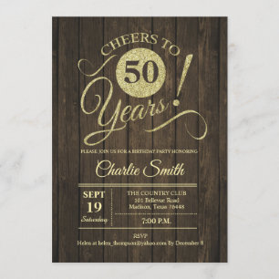 50th Birthday Party - Rustic Brown Wood Gold Invitation