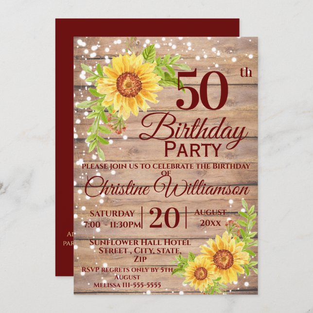 50th Birthday Party Rustic Floral Sunflower Invitation (Front/Back)