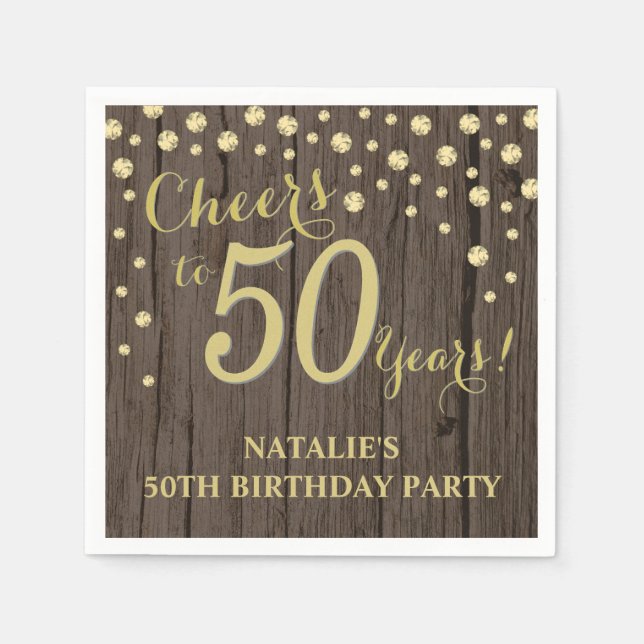 50th Birthday Party Rustic Wood and Gold Diamond N Napkin (Front)