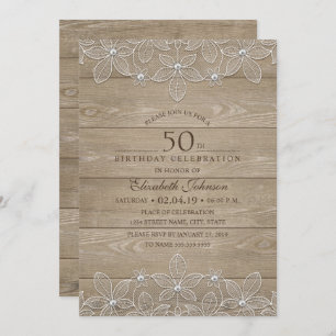 50th birthday party Rustic Wood Unique Lace Invitation