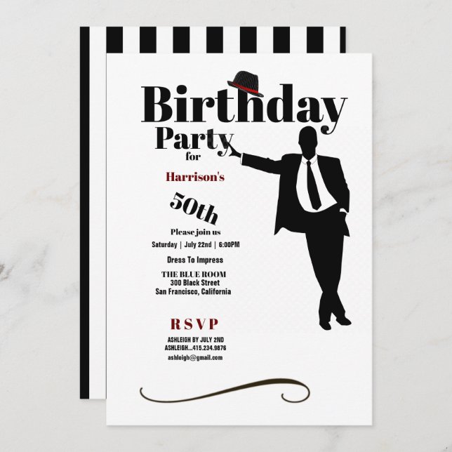 50th Birthday Party Silhouette Man Hat Invitation (Front/Back)