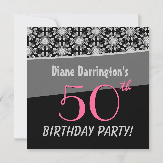 50th Birthday Party Silver and Black Floral W288 Invitation (Front)