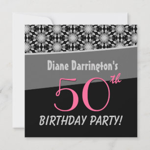 50th Birthday Party Silver and Black Floral W288 Invitation