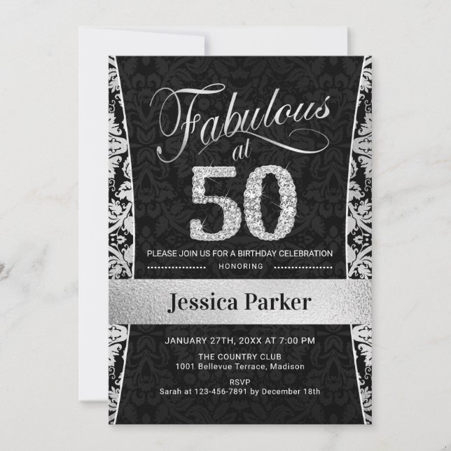 50th Birthday Party - Silver Black Invitation (Front)