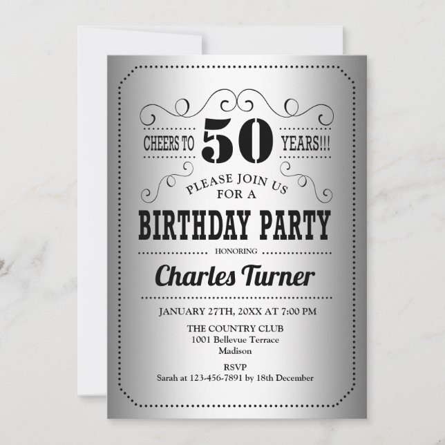 50th Birthday Party - Silver Black Invitation (Front)