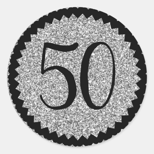 50th Birthday Party Silver Glitter Classic Classic Round Sticker (Front)