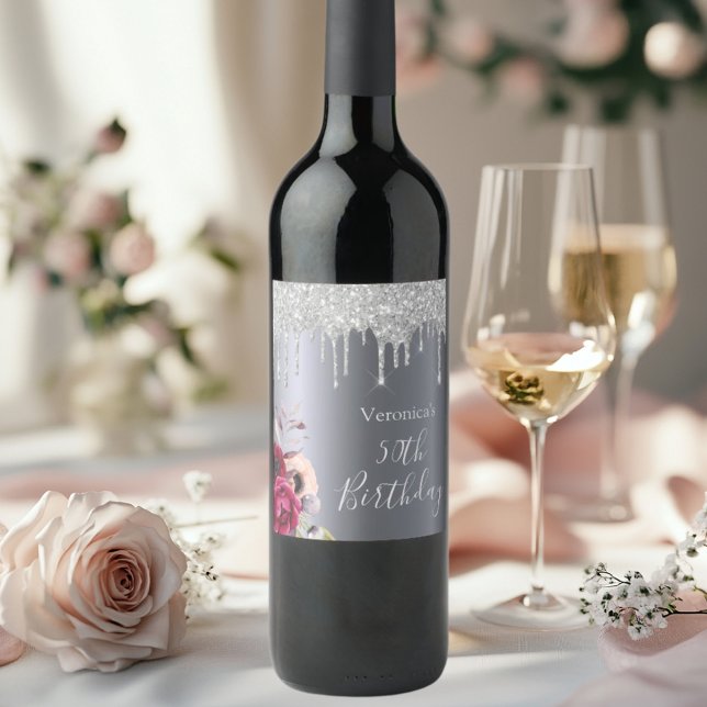 50th birthday party silver glitter drip florals wine label (Creator Uploaded)