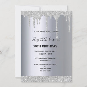 50th birthday party silver metallic glitter drip invitation