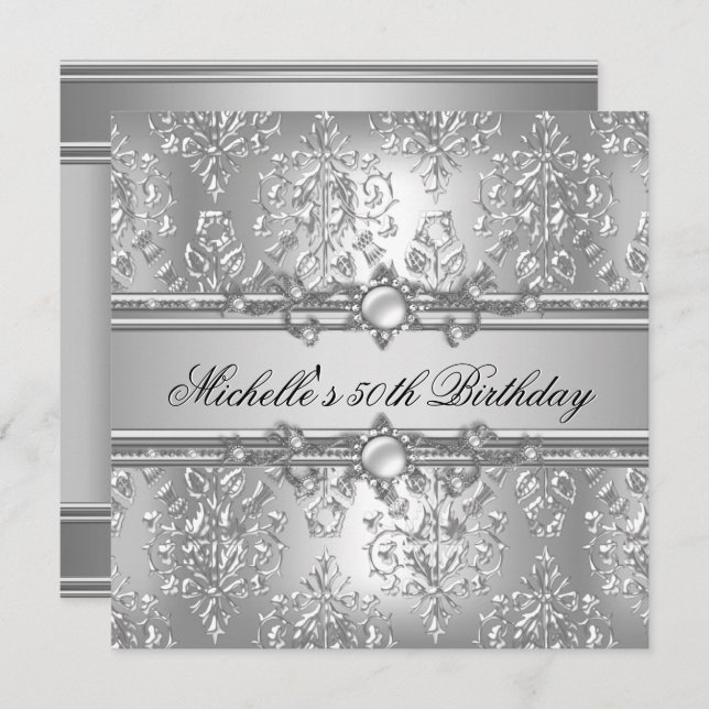 50th Birthday Party Silver Pearl Jewel Damask Invitation (Front/Back)