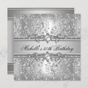 50th Birthday Party Silver Pearl Jewel Damask Invitation