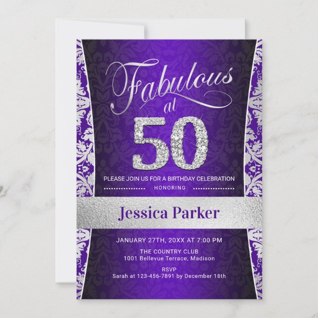 50th Birthday Party - Silver Purple Invitation (Front)