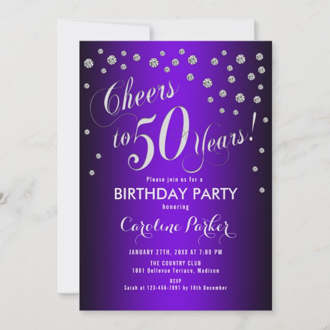 50th Birthday Party - Silver Purple Invitation (Front)