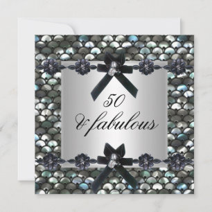 50th Birthday Party Silver Sequins Black White Invitation