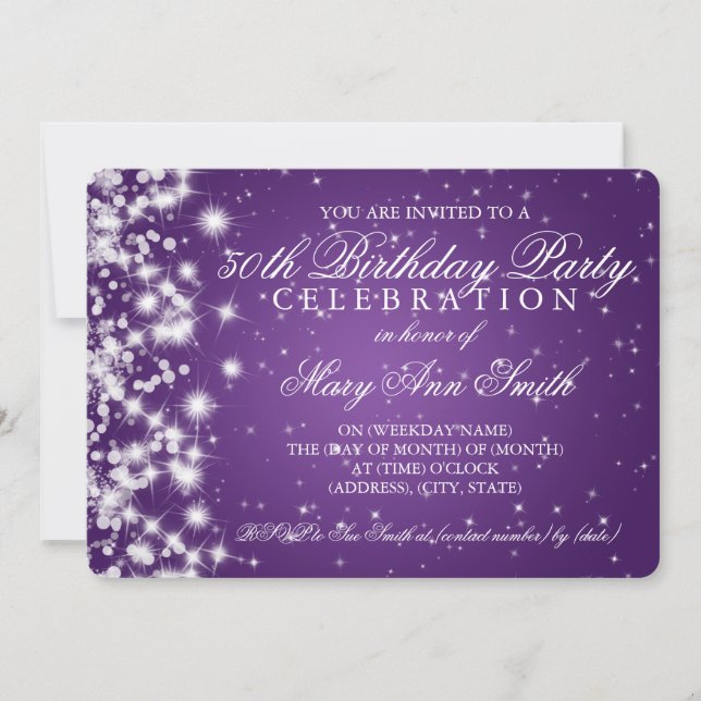 50th Birthday Party Sparkle 2 Purple Invitation (Front)