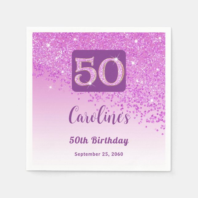 50th Birthday Party Sparkle Pink Glitter Napkin (Front)