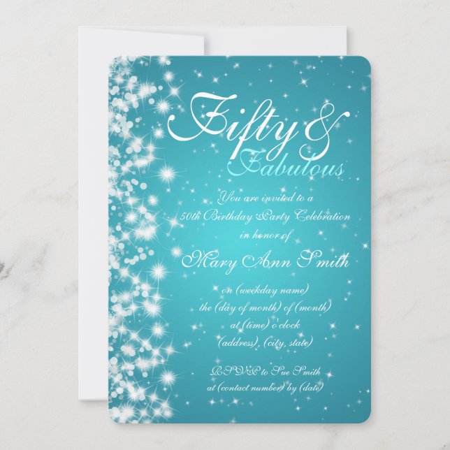 50th Birthday Party Sparkle Turquoise Invitation (Front)
