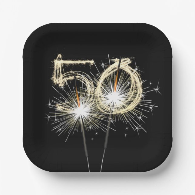 50th Birthday Party Sparklers on Black Paper Plate (Front)