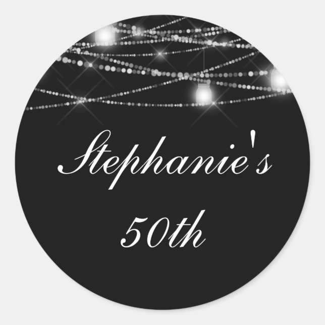 50th Birthday Party String Lights Jars Black Classic Round Sticker (Front)