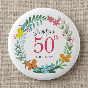 50th Birthday Party Summer Floral Butterfly Wreath 6 Cm Round Badge